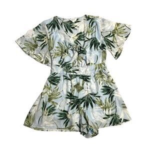 Peach Love Tropical Light Blue Romper Short Flutter Sleeve Sz Large Front Cutout